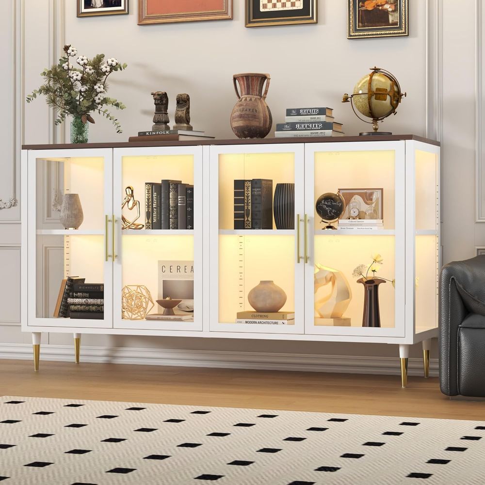 Coffee & Tea Ken'S House - LED-Illuminated Glass Sideboard Cabinet, Metal &