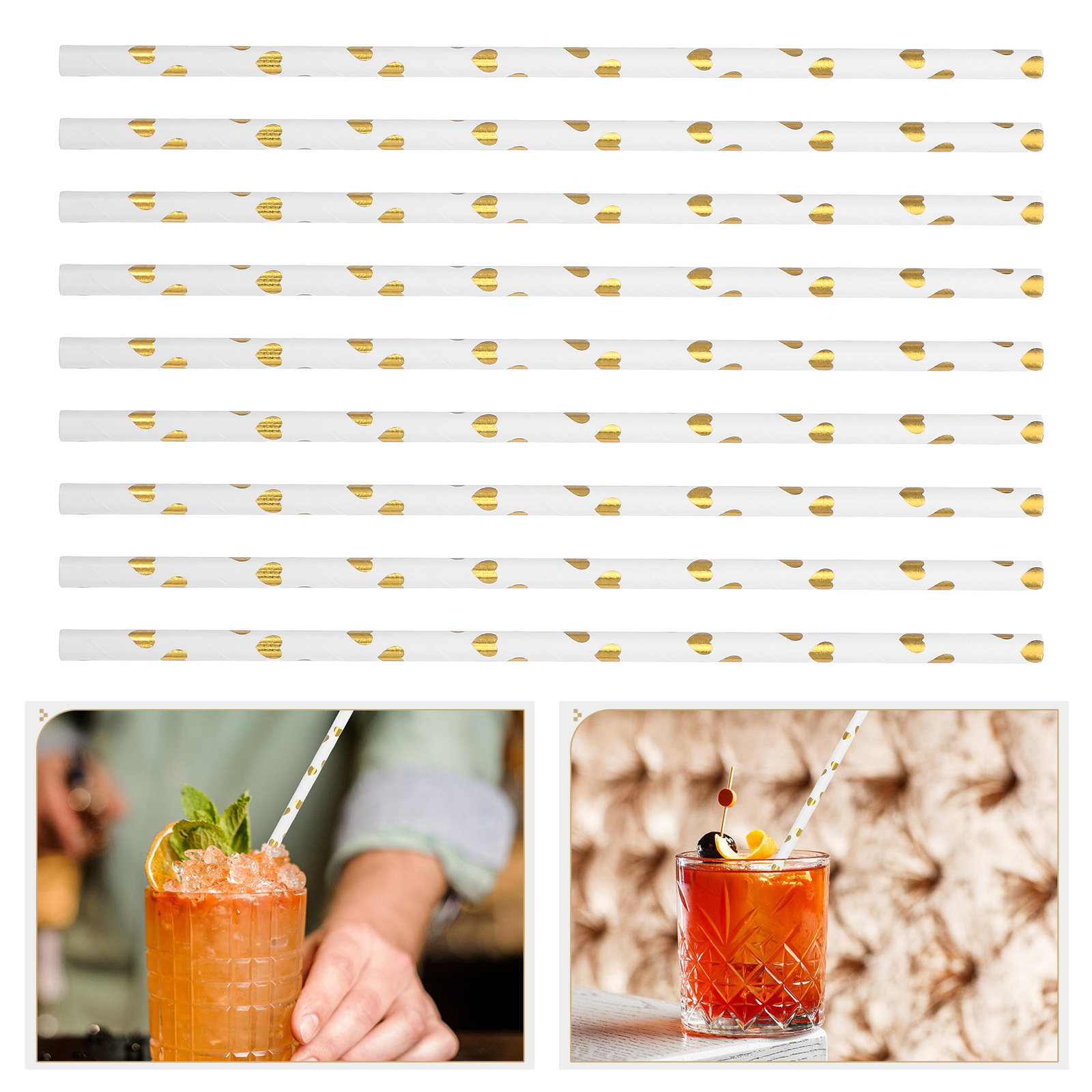 Coffee Tea Festival - 200Pcs Gold Foil Heart Paper Straws