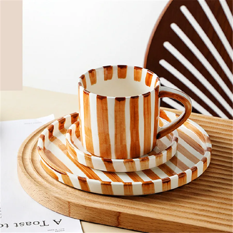 Espresso Cup Saucer - Minimalist striped hand drawn cup and