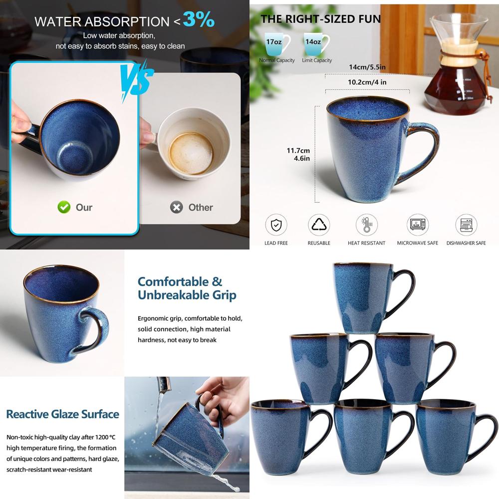 Set of 6 Large Blue Ceramic Co - Coffee Tea Uses avaliação e preço